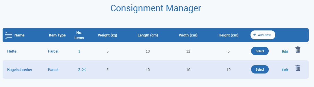 Your list of saved consignments