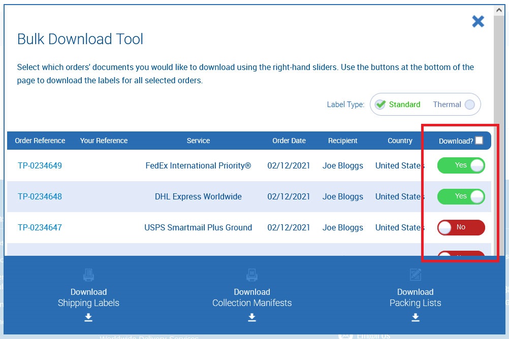 Selecting individual orders with the Bulk Download Tool