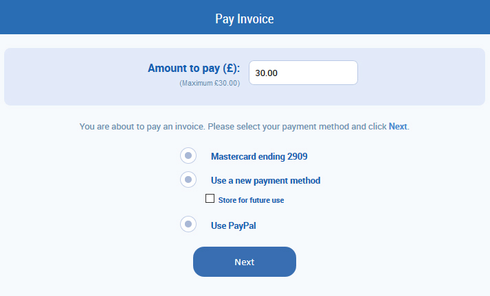 The pay invoice pop-up window