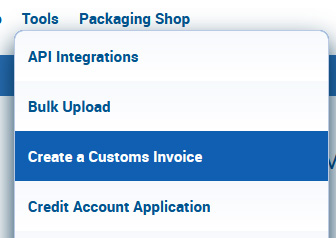 Menu - create a customs invoice