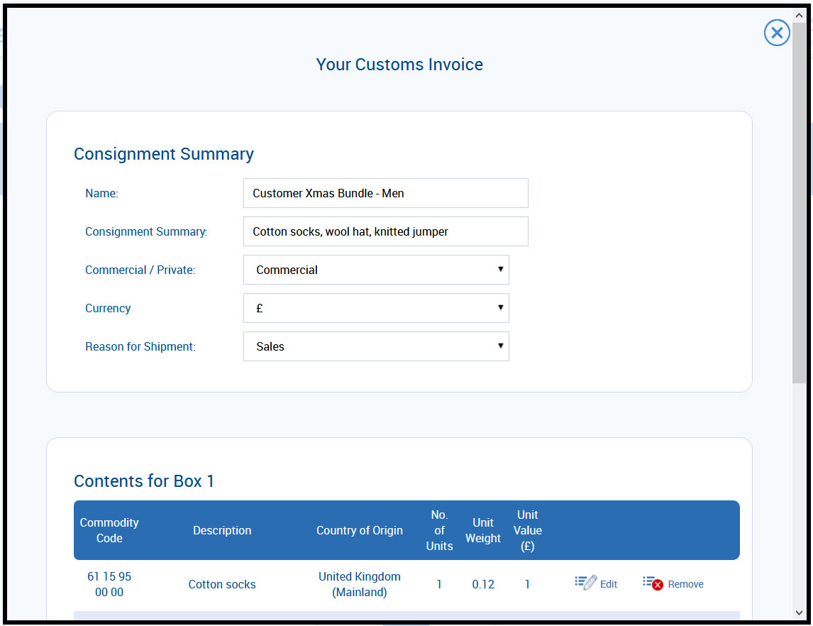 Customs invoice form