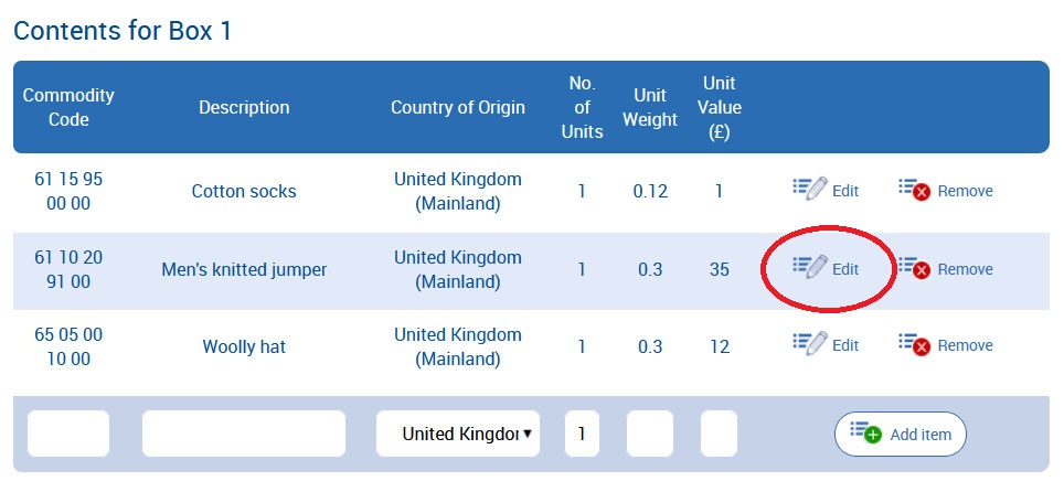 Items in saved customs invoice