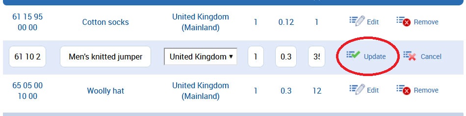 Edit and update items in customs invoice