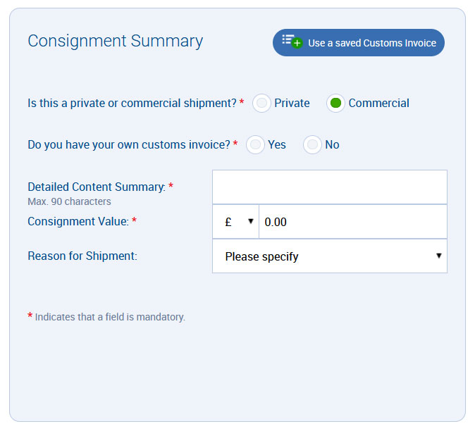 Use a saved customs invoice