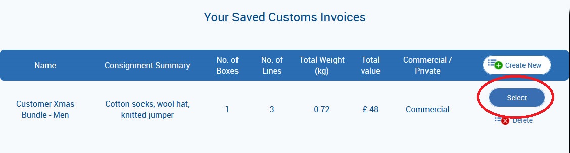 Saved customs invoice pop-up with select button